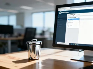 Panel zarządzania motywami w WordPress wyświetlony na monitorze komputera w nowoczesnym biurze.