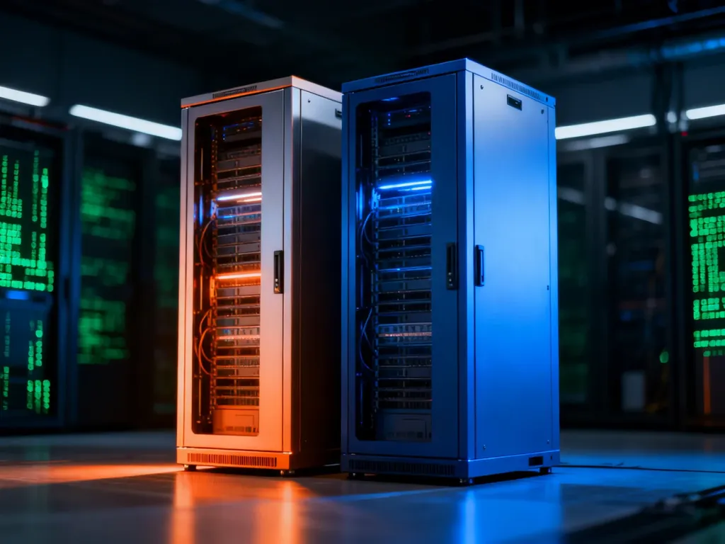 Dwa nowoczesne serwery w centrum danych, podświetlone na pomarańczowo i niebiesko, symbolizujące wybór między Apache a Nginx.