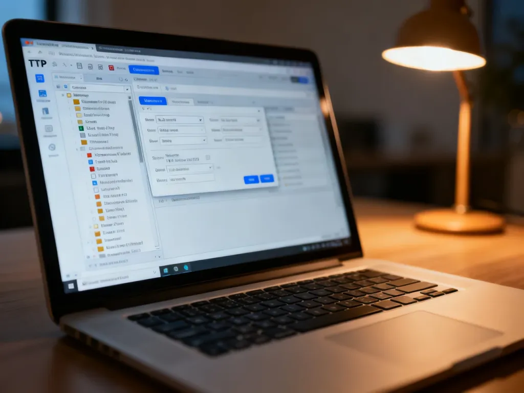 Ekran laptopa z otwartym interfejsem klienta FTP, służącym do konfiguracji połączenia z serwerem WordPress.