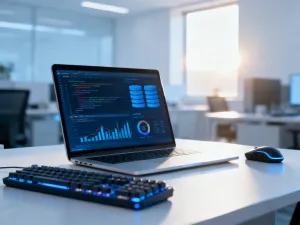 Otwarty laptop na drewnianym biurku z widocznym panelem zarządzania stroną internetową w słonecznym biurze.