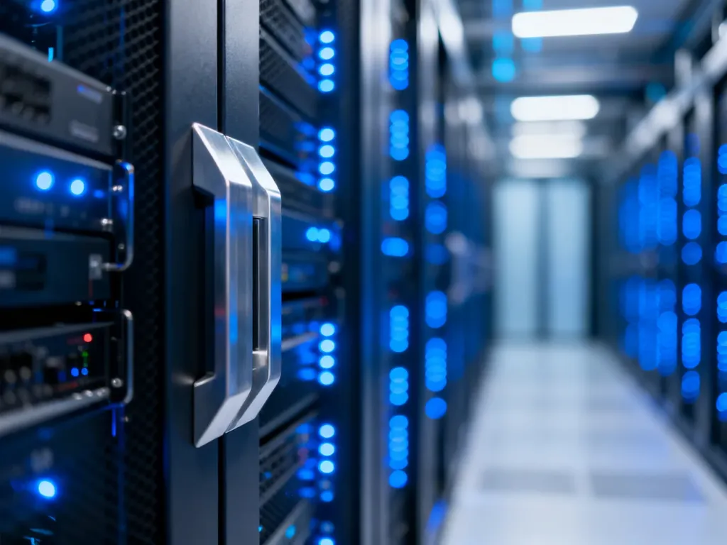 Nowoczesna serwerownia z rzędami świecących diod LED, symbolizująca infrastrukturę techniczną dla witryn WordPress.