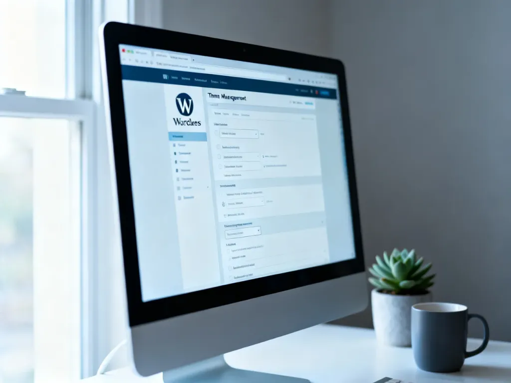 Panel zarządzania motywami w WordPress wyświetlony na monitorze komputera w nowoczesnym biurze.