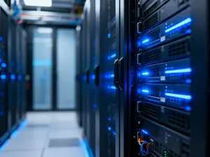 Nowoczesna serwerownia z aktywnymi diodami LED, symbolizująca bezpieczne przechowywanie danych i profesjonalny backup.
