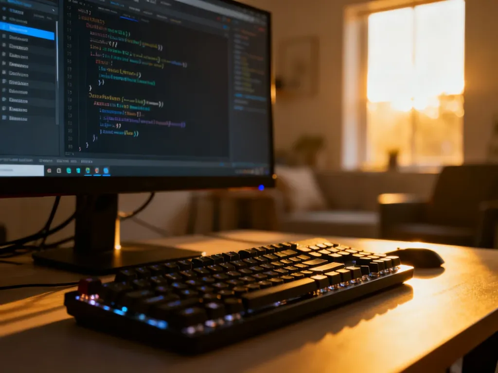 Nowoczesne stanowisko pracy z klawiaturą mechaniczną i monitorem wyświetlającym kod, symbolizujące zarządzanie bazą danych.
