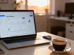 Nowoczesny monitor z widocznym interfejsem playlisty wideo na tle minimalistycznego biura w świetle słonecznym.