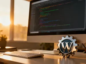 Zewnętrzny dysk na biurku symbolizujący bezpieczne przechowywanie kopii zapasowych strony WordPress.