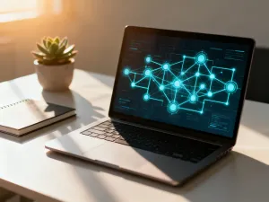 Otwarty laptop z ikoną zielonego znaku potwierdzenia na tle serwerowni, symbolizujący poprawnie wykonaną kopię zapasową.
