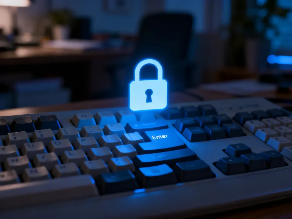Świecąca ikona kłódki nad klawiszem Enter, symbolizująca proces odzyskiwania dostępu do panelu administracyjnego WordPress.