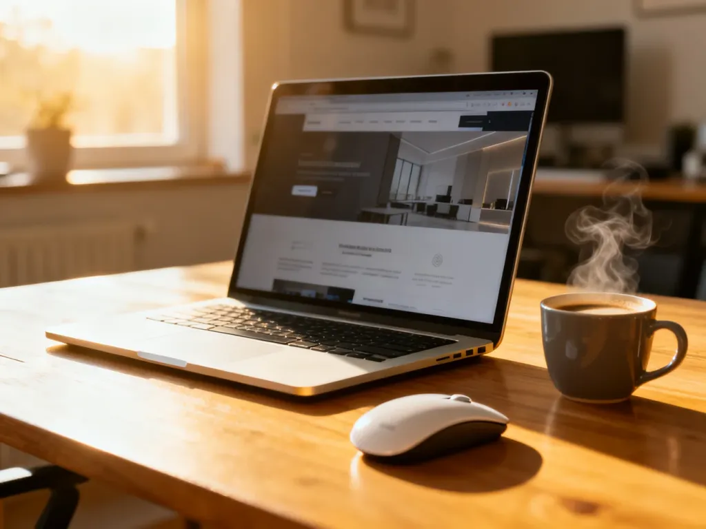 Minimalistyczne biurko z laptopem wyświetlającym nowoczesną stronę internetową, idealne do pracy freelancera.