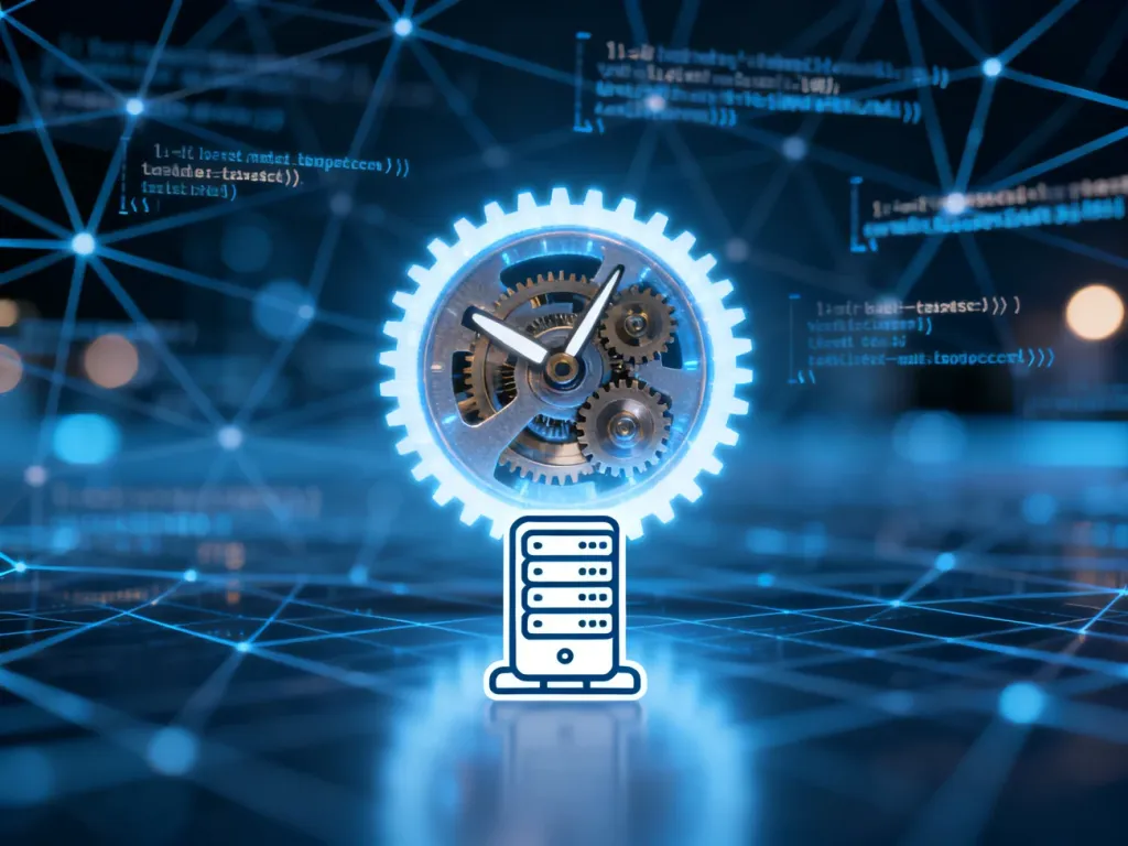 Cyfrowy mechanizm zegarowy z ikoną serwera, symbolizujący automatyzację zadań w WordPressie.