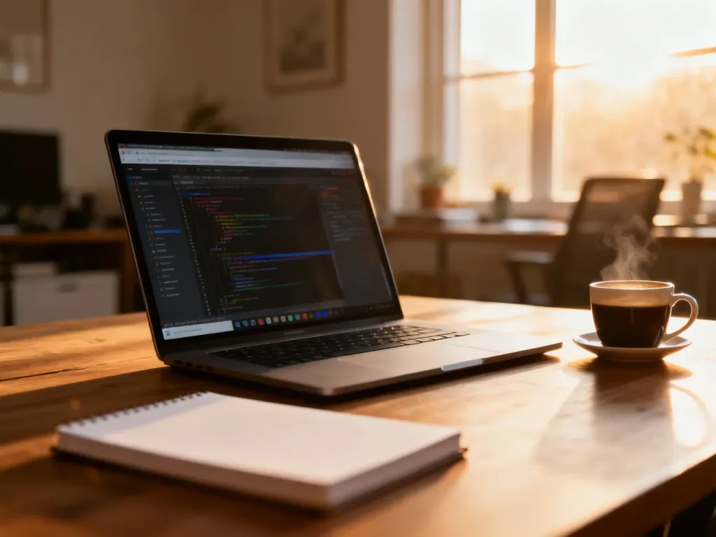 Nowoczesne stanowisko pracy z laptopem, na którym programista tworzy stronę WordPress w przytulnym domowym biurze.