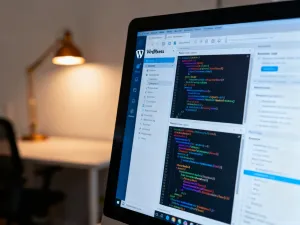 Edytor kodu wyświetlający zaawansowaną strukturę menu nawigacyjnego na ekranie komputera w nowoczesnym biurze.