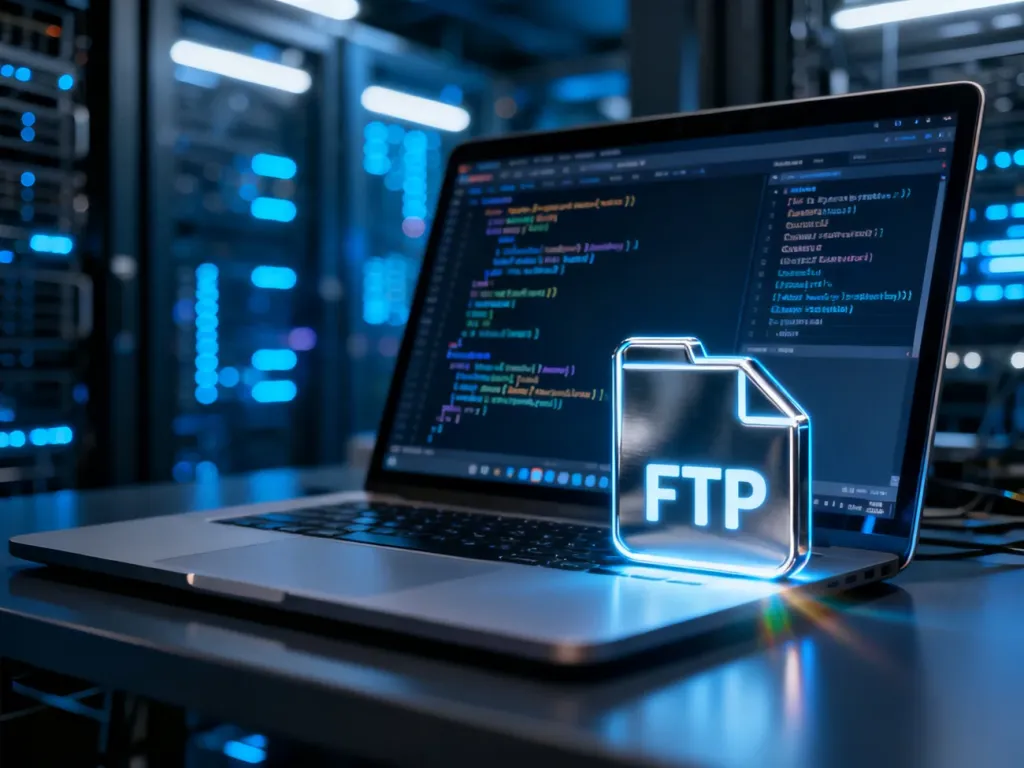 Ekran laptopa z otwartym klientem FTP oraz widocznymi plikami serwera, ilustrujący proces zarządzania motywami strony.