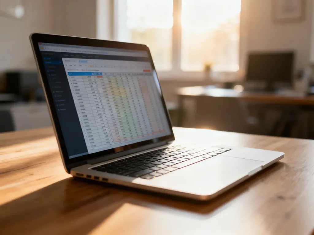 Laptop na biurku z wyświetloną responsywną tabelą danych, pokazujący poprawny układ strony na ekranie.