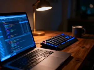 Nowoczesne biurko z laptopem i klockami, symbolizujące modułową budowę stron w motywach blokowych WordPress.