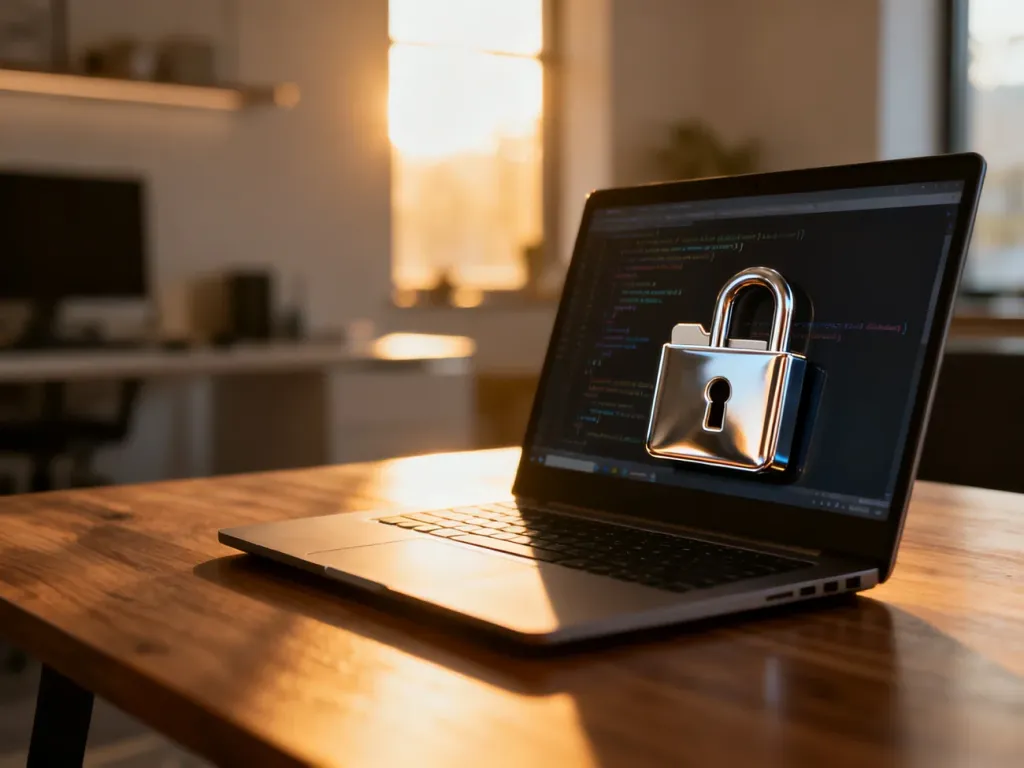 Otwarty laptop z ikoną zamkniętego folderu na ekranie, symbolizujący zabezpieczanie plików strony WordPress.