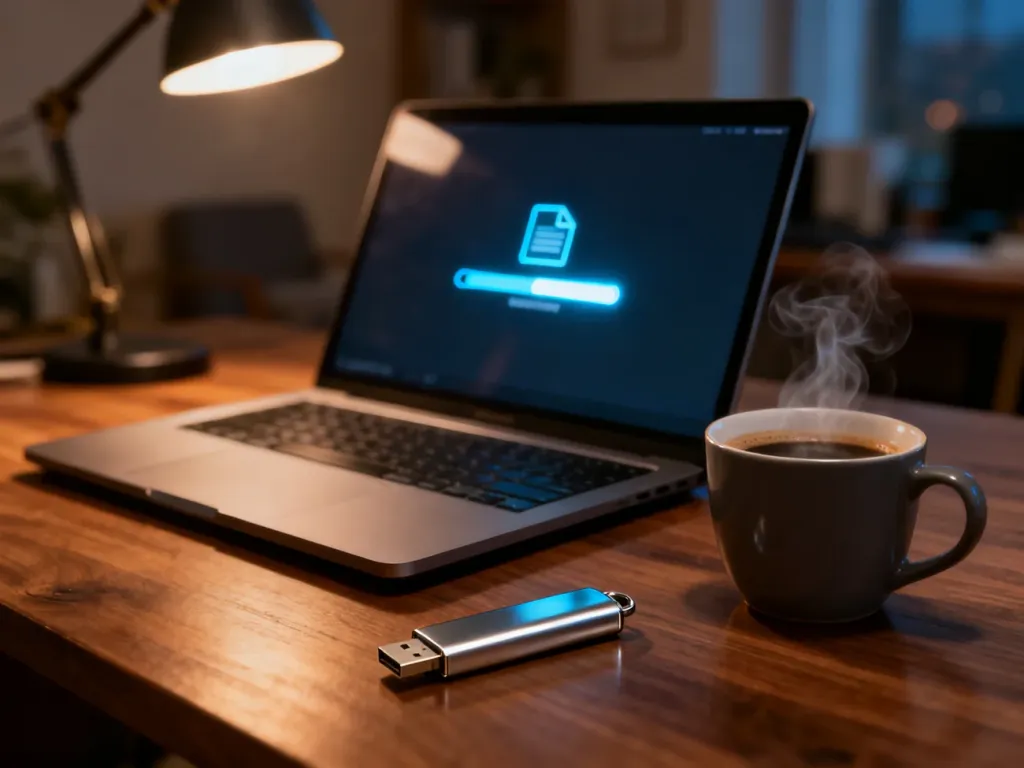 Otwarty laptop z widocznym paskiem postępu przesyłania plików na drewnianym biurku w domowym biurze.