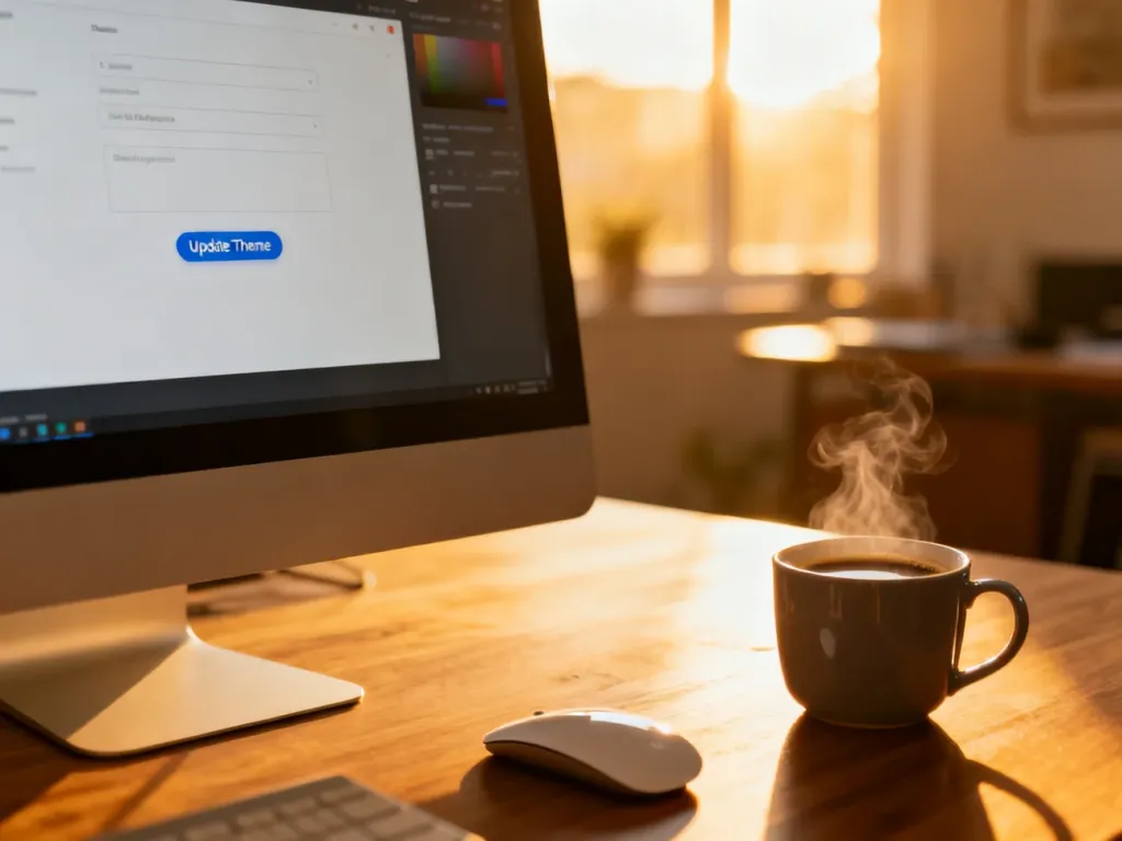 Ekran komputera z widocznym przyciskiem aktualizacji motywu WordPress na biurku z kawą w słonecznym domowym biurze.