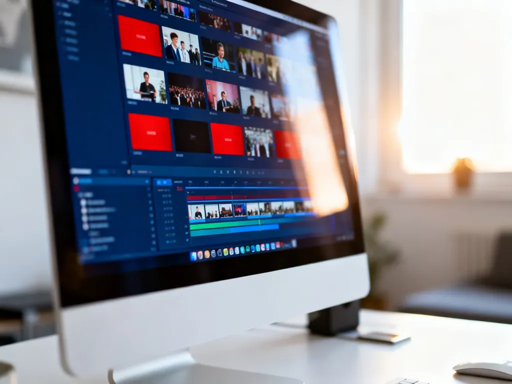 Nowoczesny monitor z widocznym interfejsem playlisty wideo na tle minimalistycznego biura w świetle słonecznym.