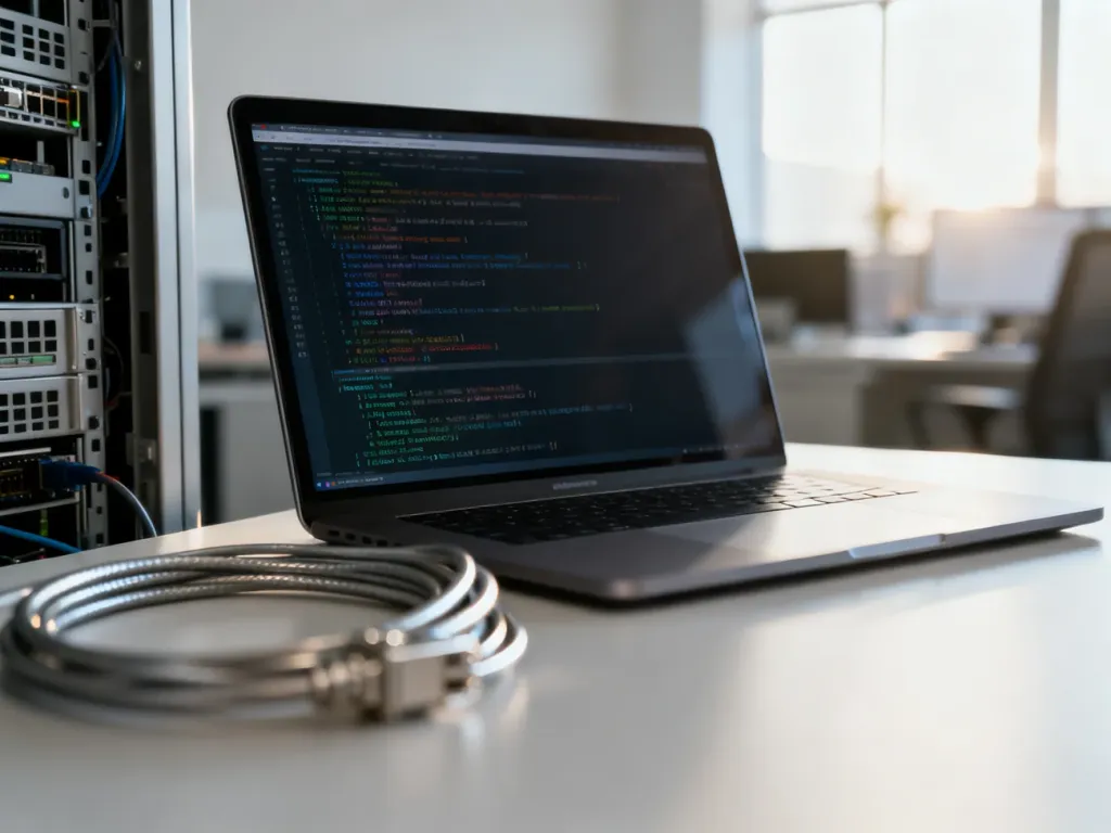 Ekran laptopa z wyświetlonym logiem błędów serwera w nowoczesnym biurze, symbolizujący problemy techniczne z pocztą e-mail.