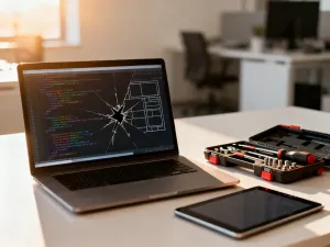 Nowoczesny laptop na biurku z widocznym na ekranie procesem zmiany edytora strony internetowej na nowy układ.