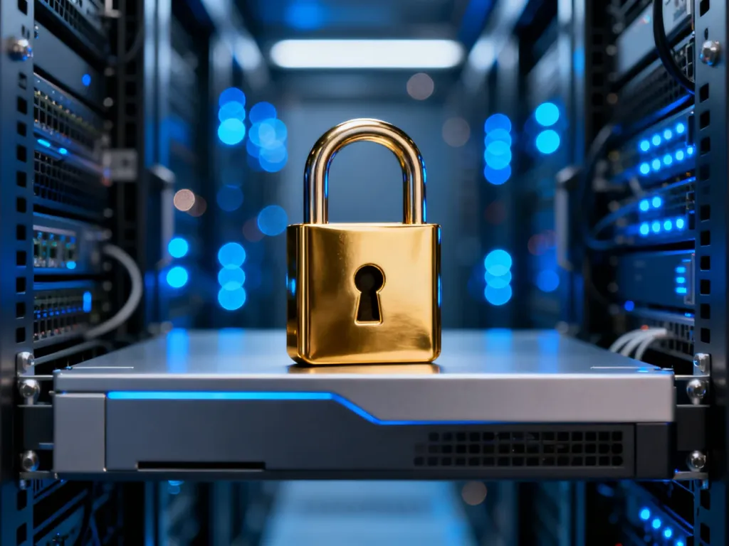Złota kłódka na tle serwerów, symbolizująca bezpieczne połączenie SSL w witrynie WordPress.