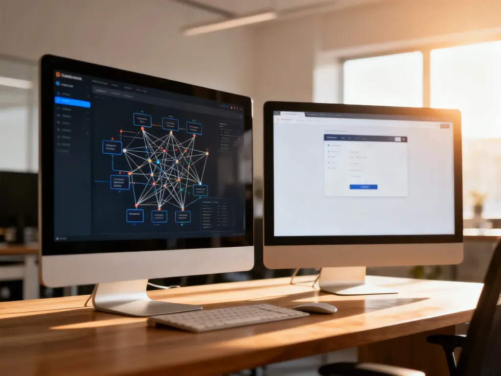 Dwa monitory na biurku: jeden z diagramem złożonej sieci, drugi z panelem pojedynczej strony WordPress.