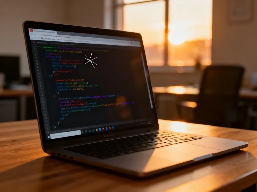 Ekran laptopa z błędami kodu strony internetowej, symbolizujący problemy techniczne po zmianie motywu WordPress.