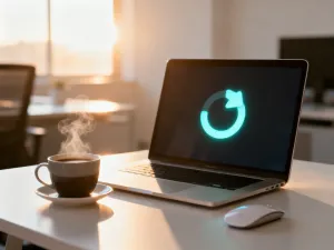 Nowoczesny laptop z otwartym panelem analitycznym marketingu e-mailowego na biurku w słonecznym domowym biurze.