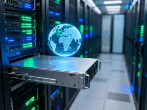 Nowoczesny serwer w centrum danych z podświetlanymi diodami, symbolizujący infrastrukturę techniczną dla WordPressa.