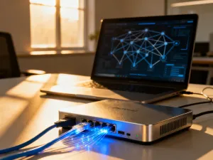 Ekran laptopa z wyświetlonym kodem i błędami programistycznymi na tle biurowego stanowiska pracy.