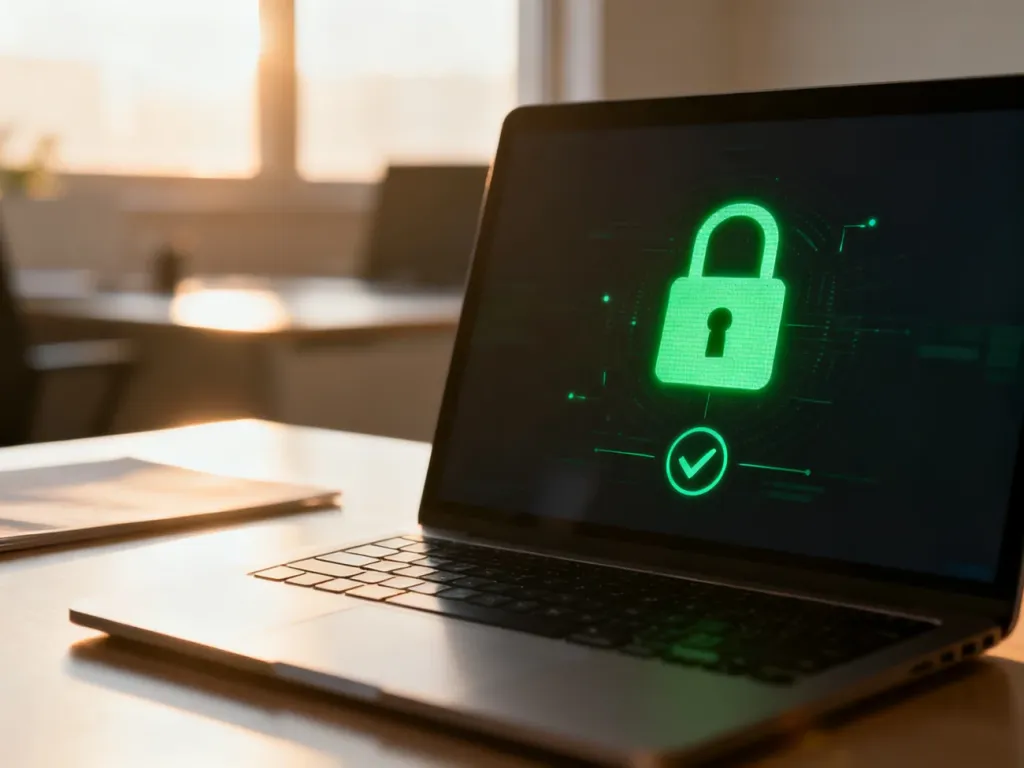 Ekran laptopa z ikoną zielonej kłódki, symbolizującą bezpieczne połączenie HTTPS na stronie internetowej.