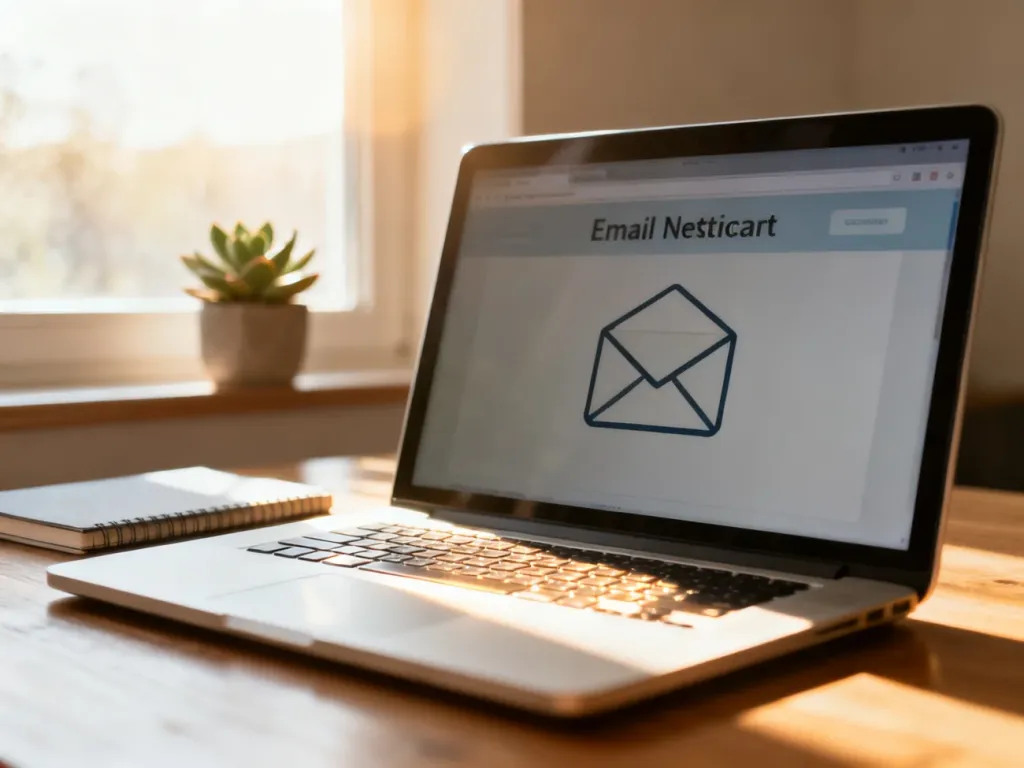 Nowoczesny laptop na biurku z otwartym interfejsem newslettera w przytulnym domowym biurze.