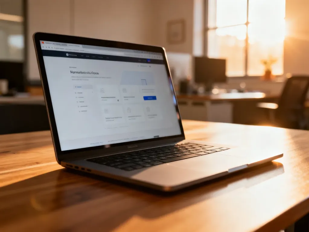 Nowoczesny laptop z minimalistycznym projektem strony internetowej na czystym biurku w słonecznym biurze.