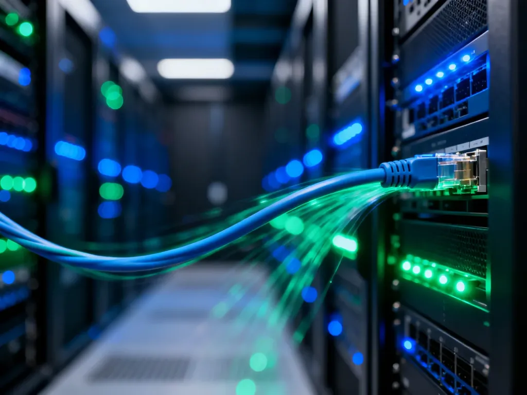 Nowoczesna serwerownia z podświetlanymi szafami rack i światłowodami, symbolizująca szybką infrastrukturę sieciową.