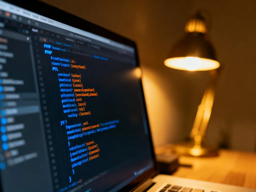 Ekran komputera z edytorem kodu PHP, podkreślający techniczny charakter pracy z oprogramowaniem.