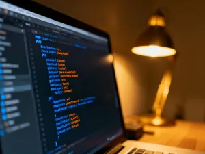 Nowoczesny serwer w centrum danych z podświetlaną diodą, symbolizujący szybkość przetwarzania danych w WordPress.