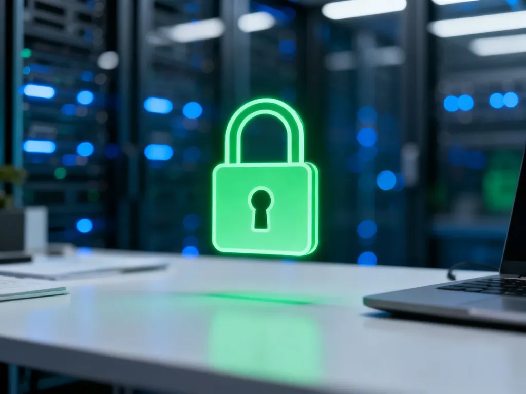 Świecąca zielona kłódka symbolizująca bezpieczne połączenie SSL na stronie internetowej.