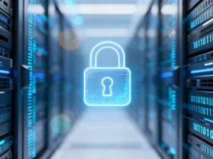 Fragment kodu SQL wyświetlony na ekranie komputera w nowoczesnym centrum danych, symbolizujący zarządzanie bazą danych.