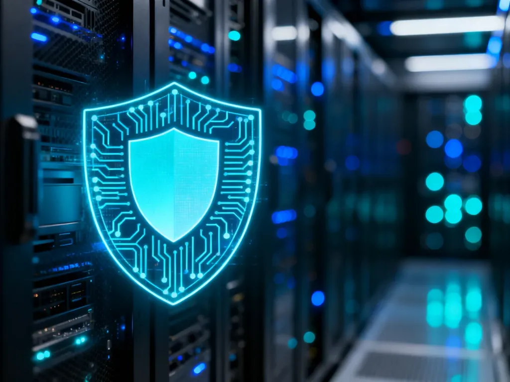 Cyfrowa tarcza na tle serwerowni symbolizująca ochronę strony WordPress przed atakami typu brute force.