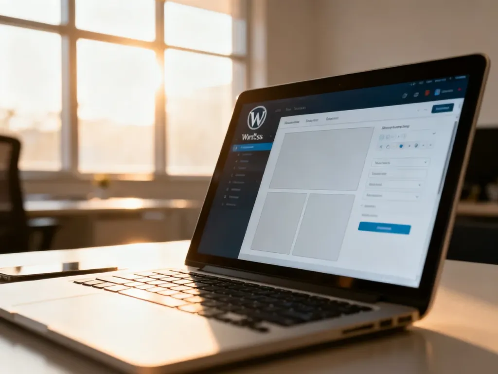 Nowoczesne stanowisko pracy z otwartym panelem administracyjnym WordPress na ekranie laptopa.