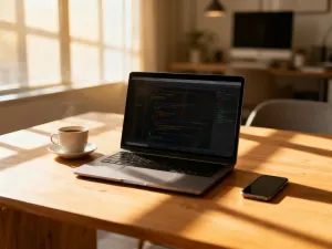 Nowoczesny laptop na biurku z wizualizacją przesyłania danych, symbolizujący proces migracji strony WordPress.