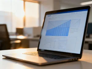 Otwarty laptop z ikoną zielonego znaku potwierdzenia na tle serwerowni, symbolizujący poprawnie wykonaną kopię zapasową.
