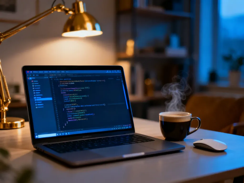 Nowoczesne stanowisko pracy z otwartym edytorem kodu na laptopie, idealne do programowania i instalacji WordPressa.