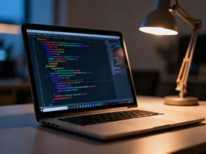 Nowoczesny laptop z ekranem logowania i ikoną kłódki na biurku, symbolizujący bezpieczną zmianę hasła w WordPress.