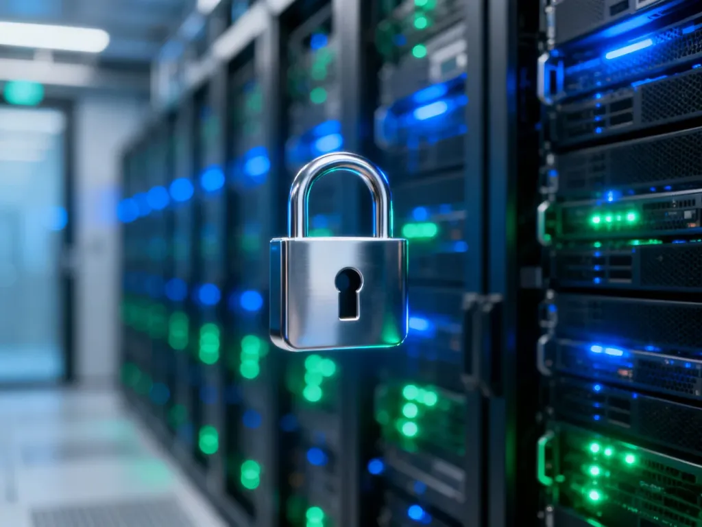 Nowoczesna serwerownia z ikoną kłódki symbolizującą bezpieczeństwo i szyfrowanie SSL w hostingu WordPress.
