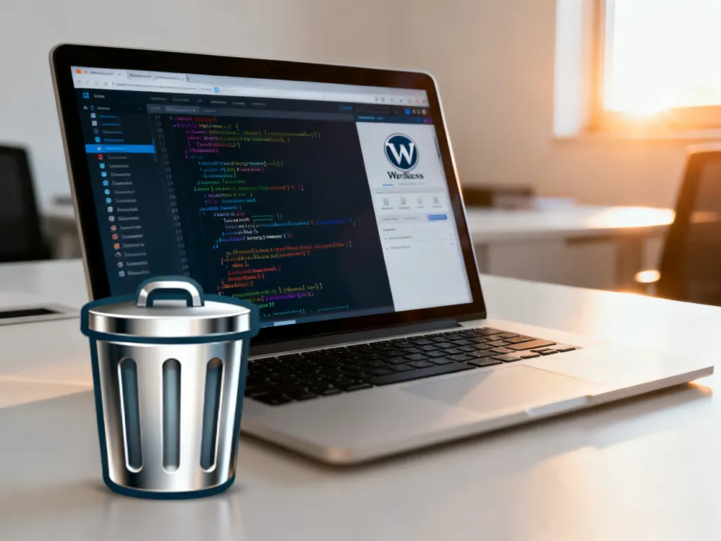 Ekran laptopa z kodem bazy danych WordPressa oraz ikona kosza symbolizująca optymalizację i porządkowanie strony.