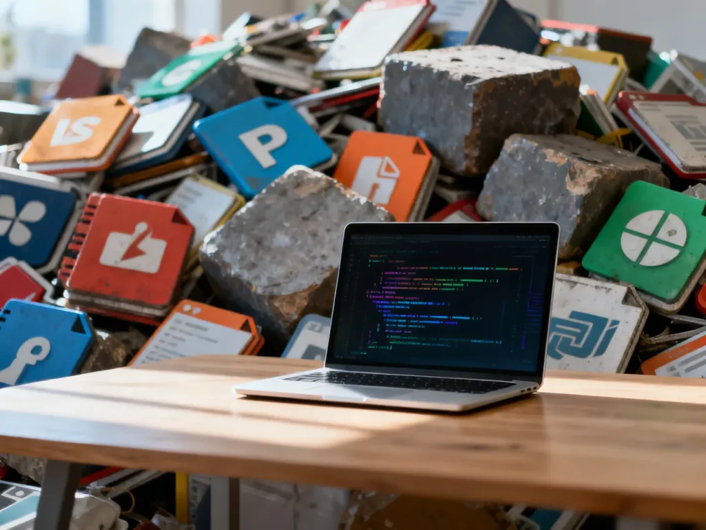 Laptop z kodem na biurku na tle chaotycznego stosu ikon, obrazujący wpływ nadmiaru motywów na wydajność strony WordPress.