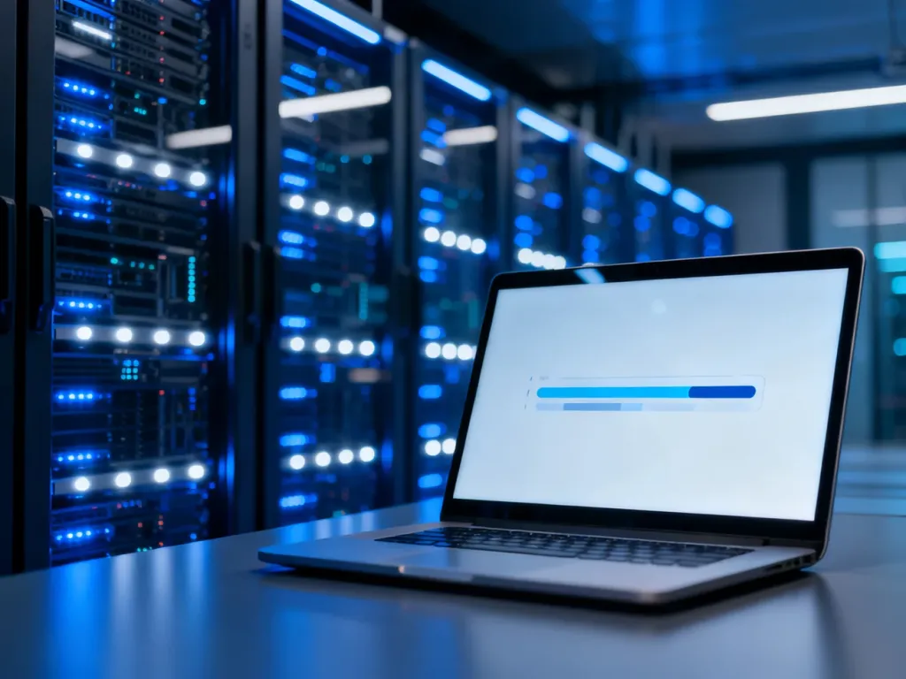 Nowoczesna serwerownia z laptopem wyświetlającym proces migracji danych, symbolizujący bezpieczną zmianę hostingu WordPress.