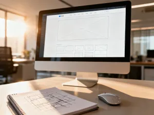 Nowoczesne stanowisko pracy z laptopem, na którego ekranie widoczny jest kod programistyczny.